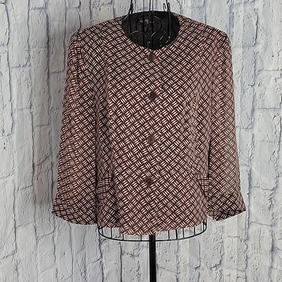 CYNTHIA HOWIE Silk Lightweight‎ Abstract Brown and Tan Short Jacket Size 10 - Picture 1 of 8